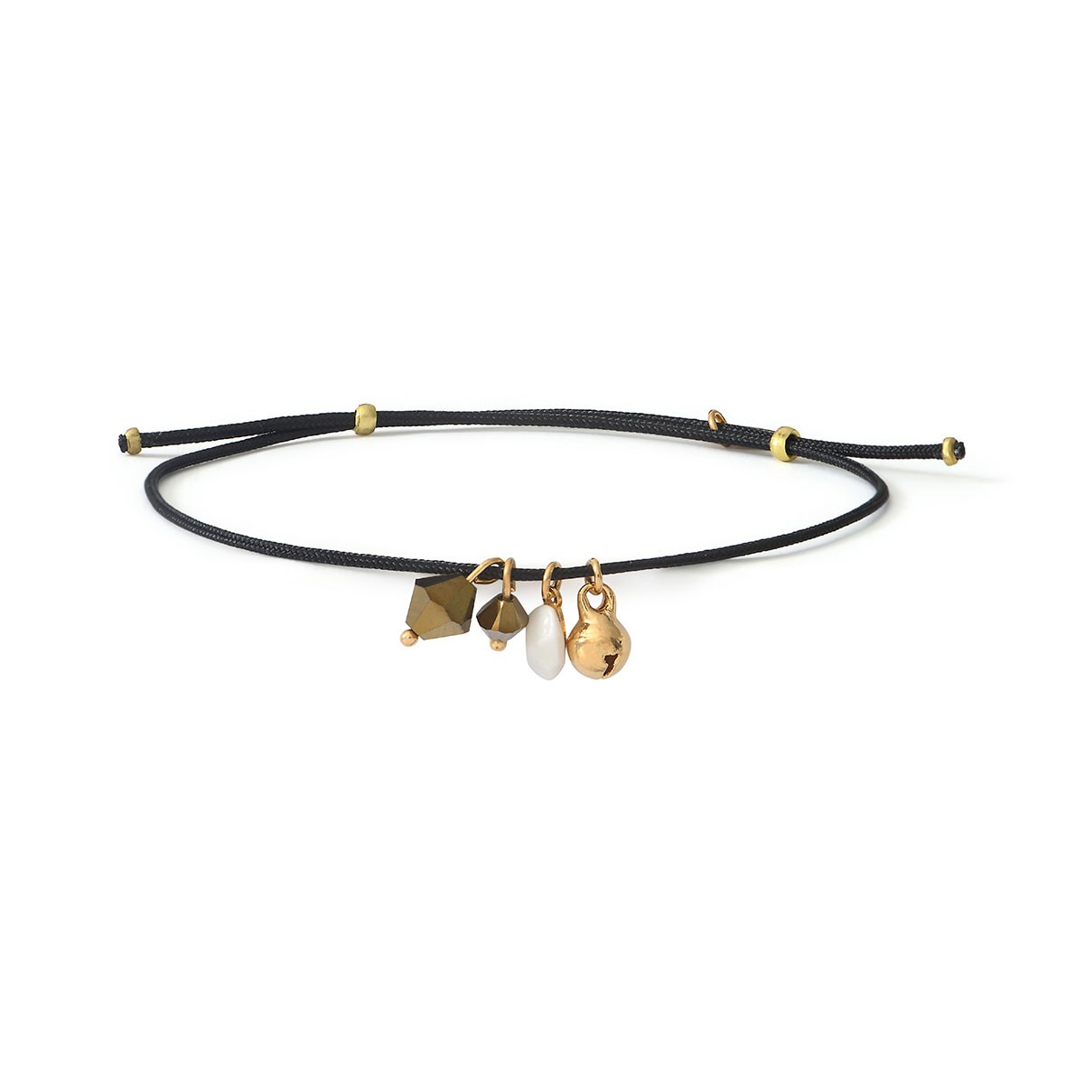 Bracelet Gri-gri cordon avec porcelaine, grelot métal et perles de cristal couleurs bronze