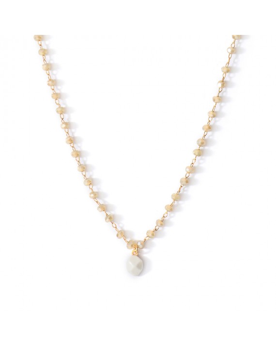 Pendentif collier Ashley perles grises, en porcelaine, métal doré et perles de verre