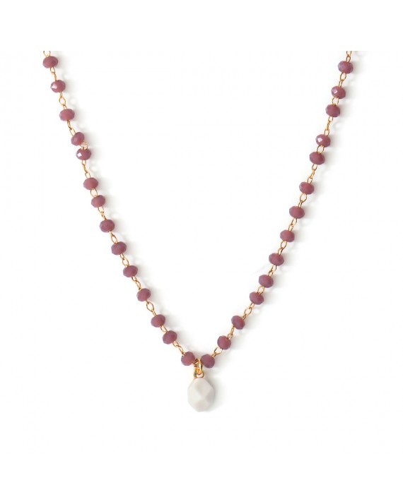 Pendentif collier Ashley perles violettes en porcelaine, métal doré et perles de verre