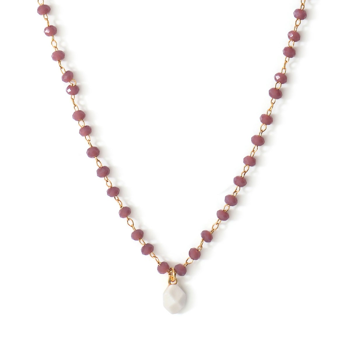 Pendentif collier Ashley perles violettes en porcelaine, métal doré et perles de verre