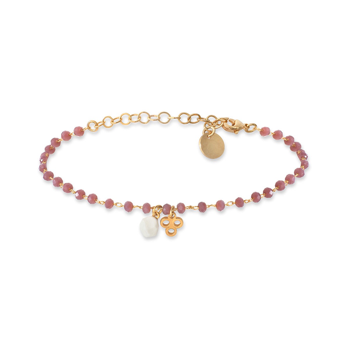 Bracelet Ashley perles violettes en porcelaine, métal doré et perles de verre